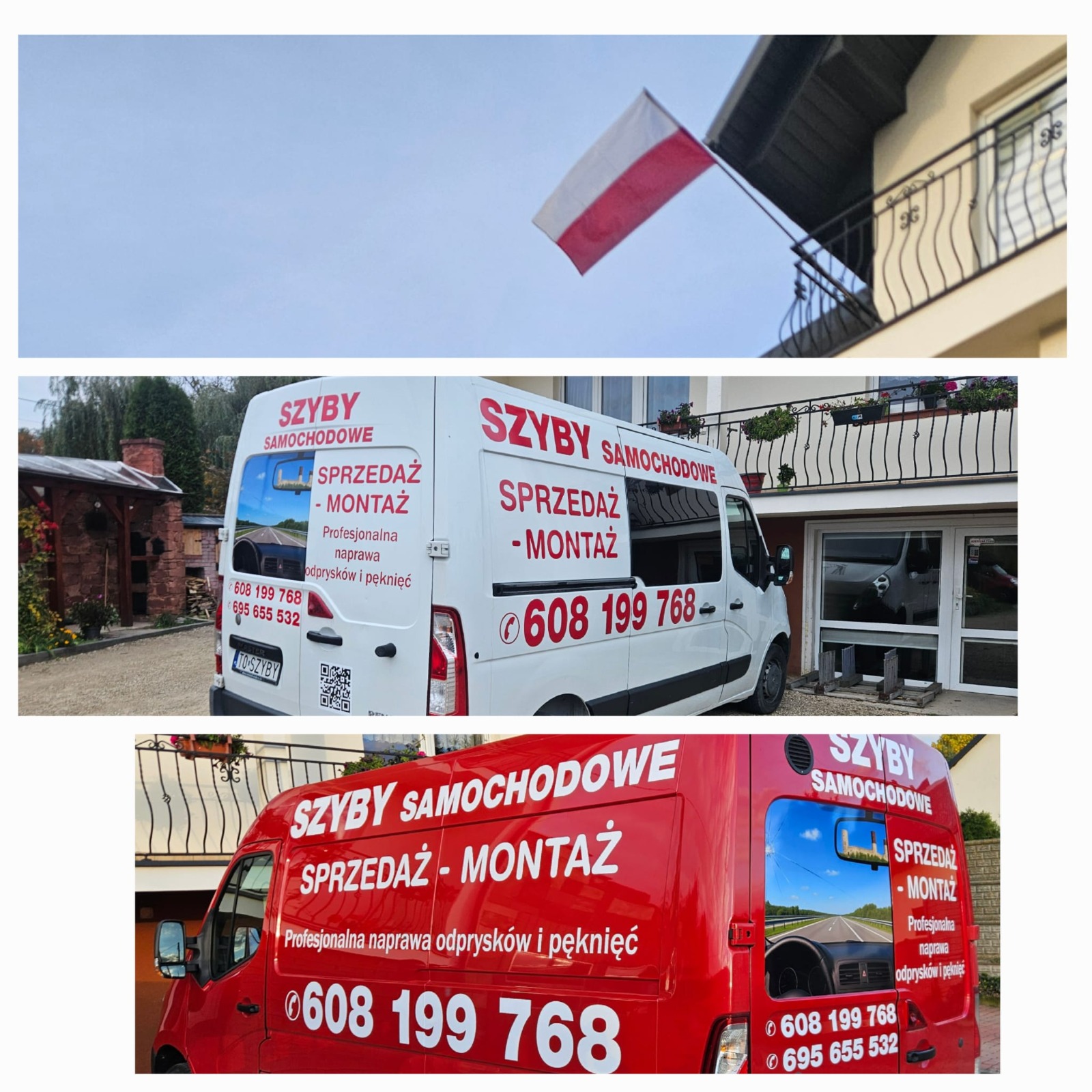 Biały i czerwony samochód mobilnego serwisu OMI pod polską flagą