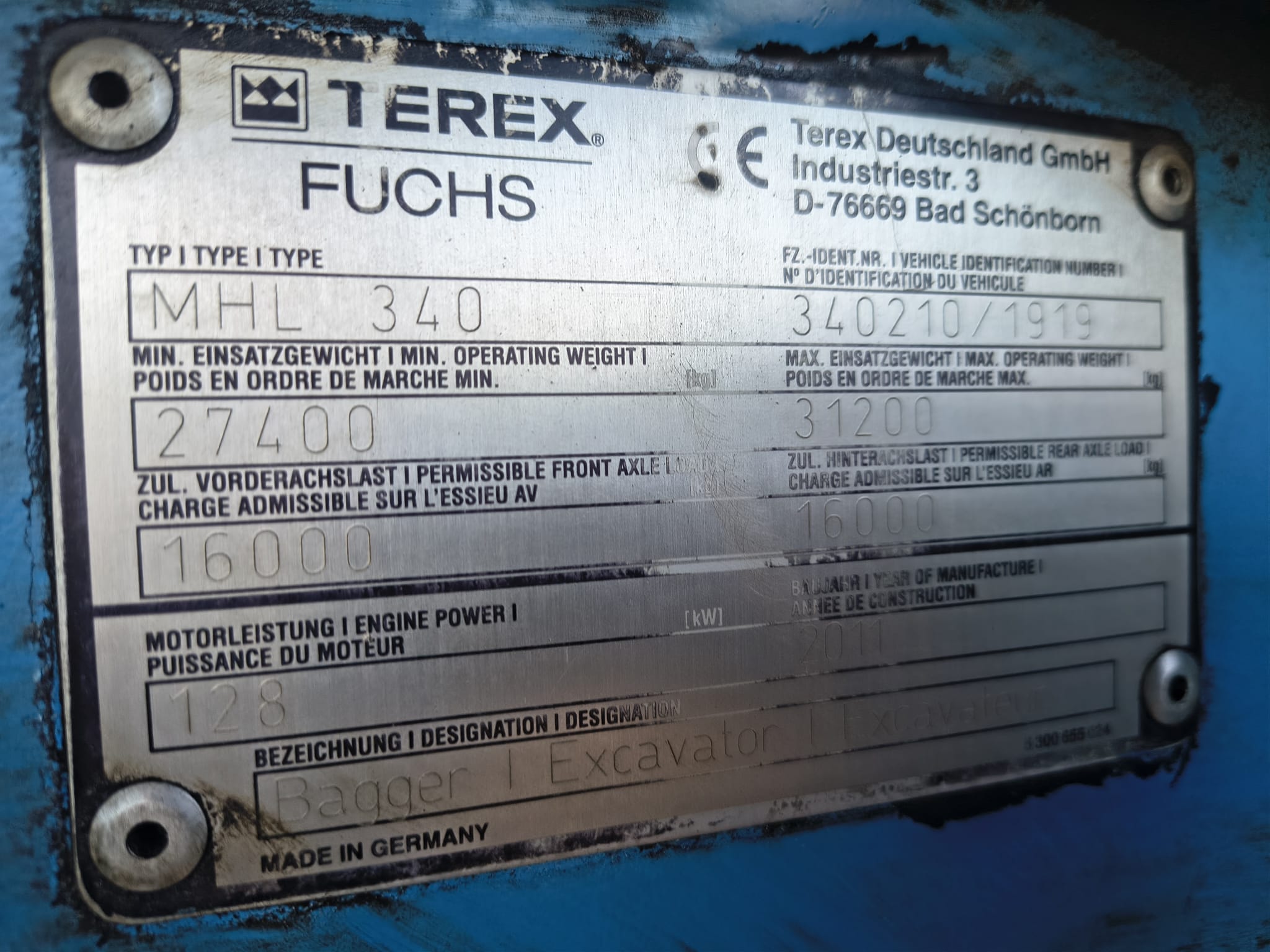 Tabliczka znamionowa maszyny Terex Fuchs